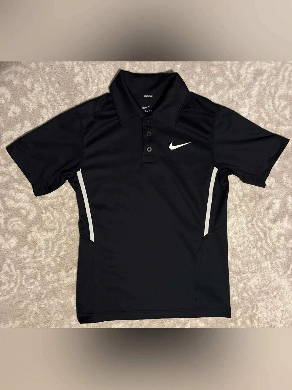 Nike Kids Dri-Fit Athletic Black Polo w/ White Swoosh & Side Stripes - Small